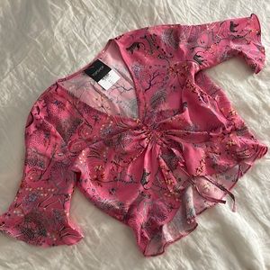 Topshop pink peplum blouse ruched front size 6 dreamy floral cheetah moon print